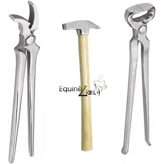 3 PCS Farrier Horse Hoof Kit Nippers, Clincher and Hammer Trimming Shoeing