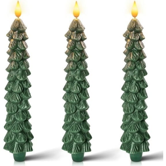 3 PCS Flameless Taper Candles with 6-Hours Timer, 9.5 Inches Christmas Tree Candlesticks, Real Wax Battery Operated Window Candles with 3D Flickering Flame for Fireplace Christmas