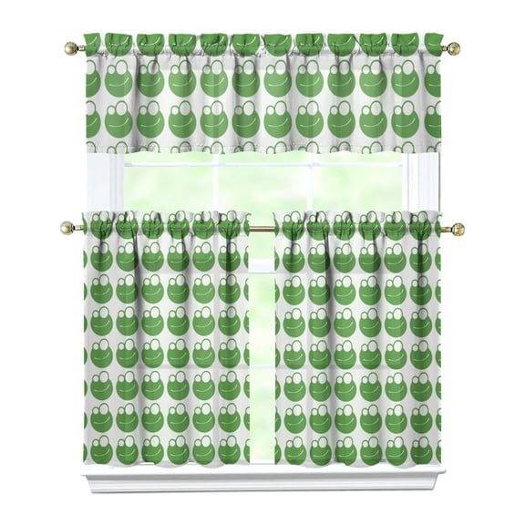 3 PCS Frog Print Kitchen Curtains Set - Green Cartoon Frog & Mushroom Pattern Tier Curtains with Valance, Semi-Sheer Farmhouse Window Treatment Panels for Small Windows
