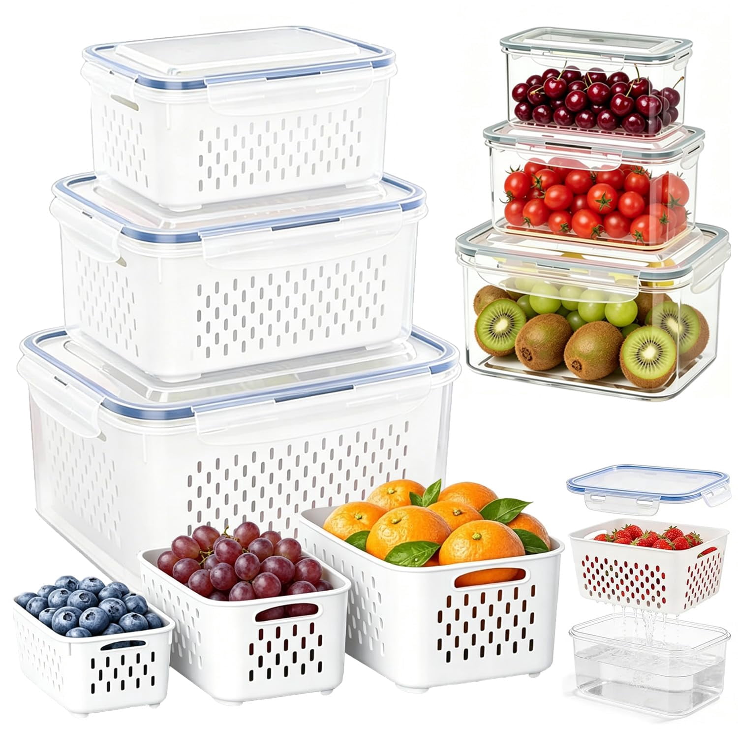 3 PCS Fruit Storage Containers for Fridge – 4-in-1 Airtight Food Containers with Removable Colander, Dishwasher & Microwave Safe, Keep Produce Fresh Longer