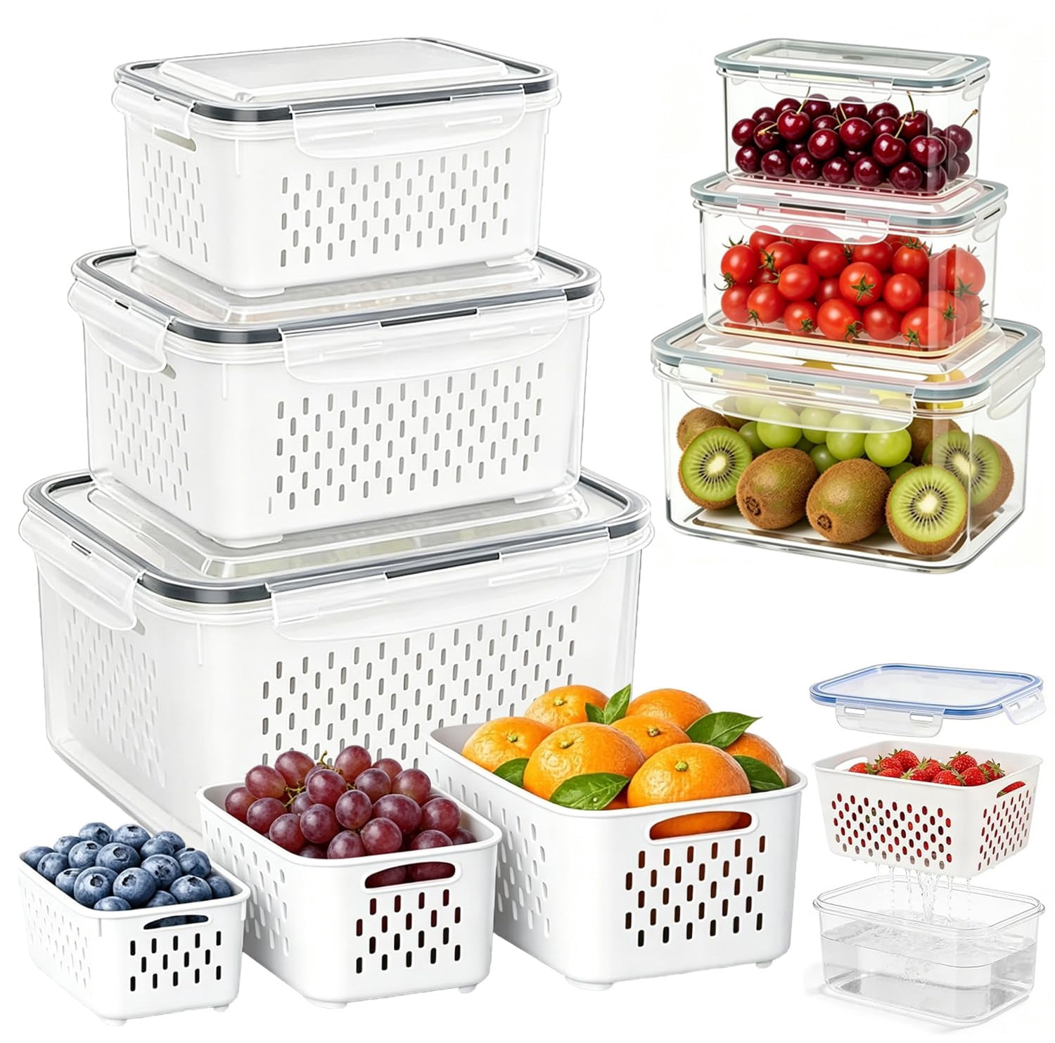 3 PCS Fruit Storage Containers for Fridge – 4-in-1 Airtight Food Containers with Removable Colander, Dishwasher & Microwave Safe, Keep Produce Fresh Longer