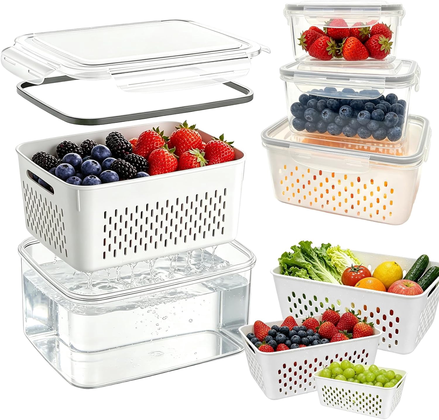 3 PCS Fruit Storage Containers for Fridge, Airtight Produce Storage Containers for Fridge, 4-in-1 Fruit and Vegetable Storage, Berry Keeper, Food-Grade & Easy To Clean Material