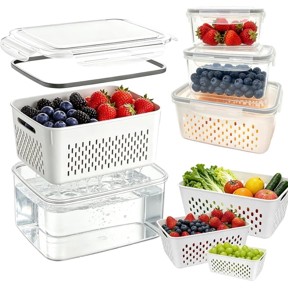 3 PCS Fruit Storage Containers for Fridge, Airtight Produce Storage Containers for Fridge, 4-in-1 Fruit and Vegetable Storage, Berry Keeper, Food-Grade & Easy To Clean Material