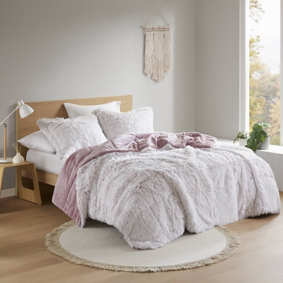 3 PCS Full/Queen Shaggy Faux Fur Comforter Mini Set Pink/White