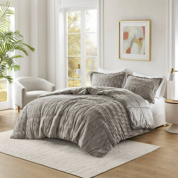 3 PCS Full/Queen Solid Faux Fur Comforter Mini Set Gray