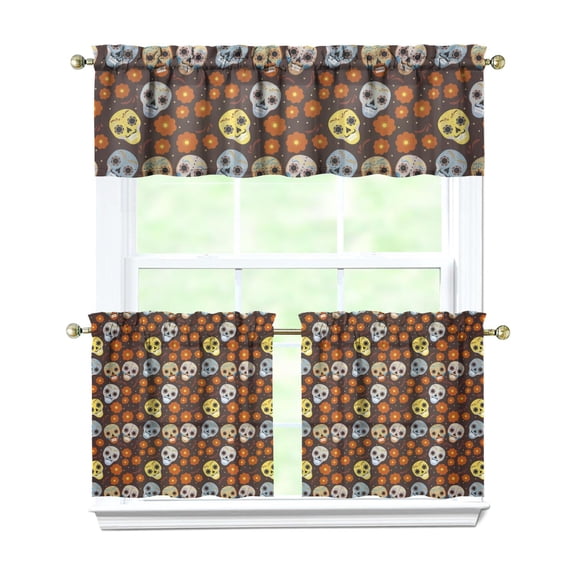3 PCS Gothic Floral Kitchen Curtains Set with Skull & Roses Print - Semi-Sheer Tier Curtains & Valance for Farmhouse, Mexican Day of Dead Aesthetic, Rod Pocket Window Treatment Panels