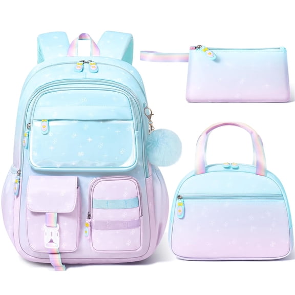 3 PCS Gradient Backpack Set, Waterproof Backpack with Lunch Box & Pencil Case, Blue Purple