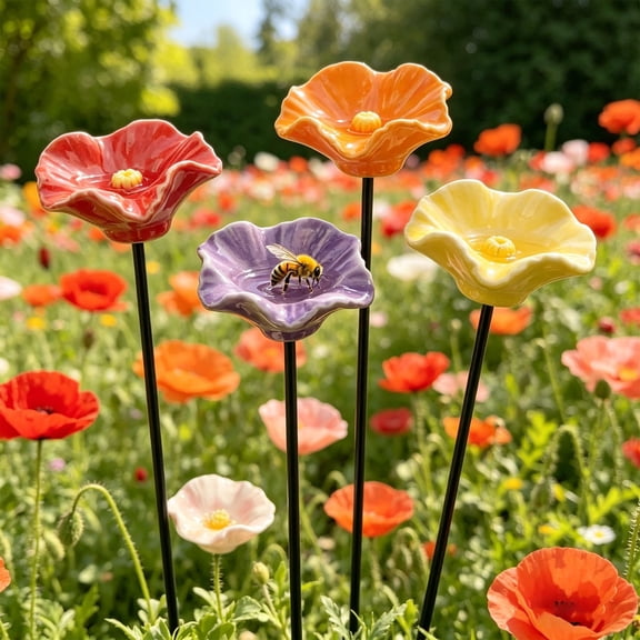 3 PCS Handmade Ceramic Mini Pollinator Watering Station, Bee Watering Station Colorful Flower Bee Water Feeder & Butterfly Bird Bath, Small Outdoor Garden Stake Yard Art Decor Gift for Nature Lovers