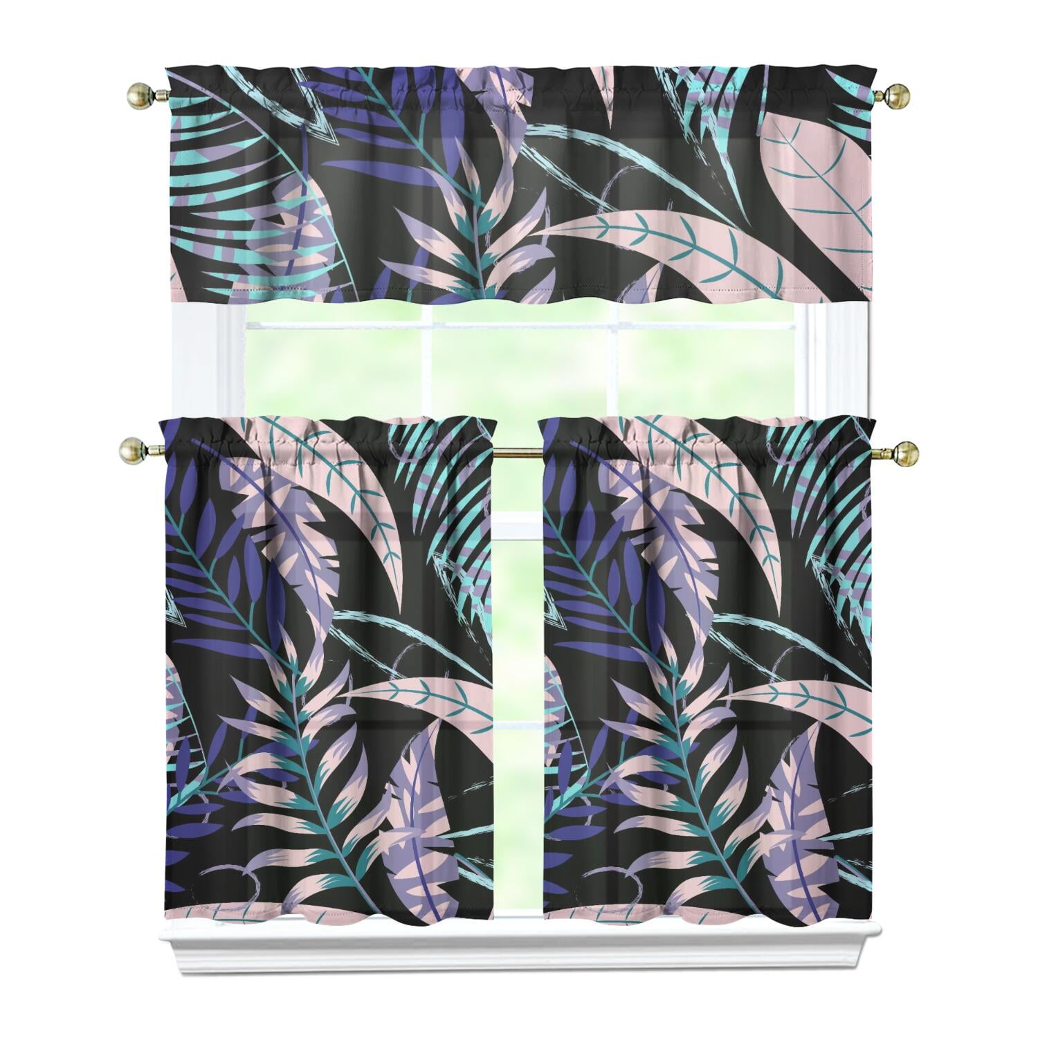 Tropical Palm Leaf Curtain Set - 3 Piece Kitchen/Bedroom Curtains With Valance - Light Filtering - View #7