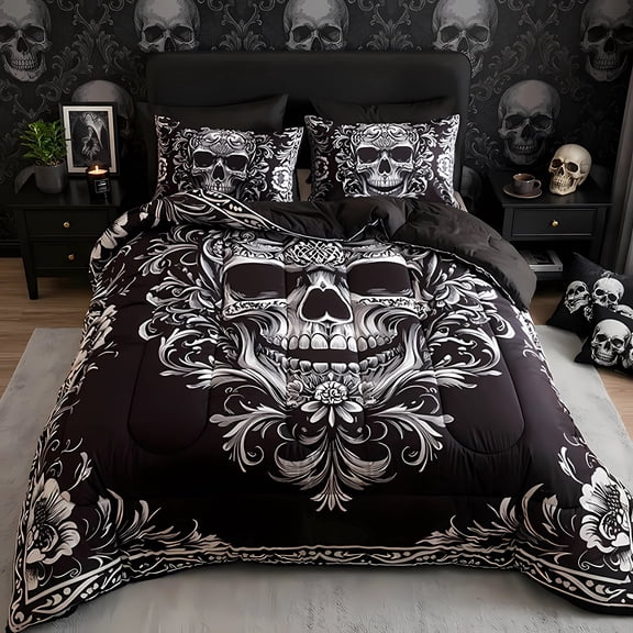 3 PCS High-Definition Digital Print Skull Pattern Comforter Set, Baroque Gothic Vintage Thick Quilted Bedding Set.(Twin,White and Black)