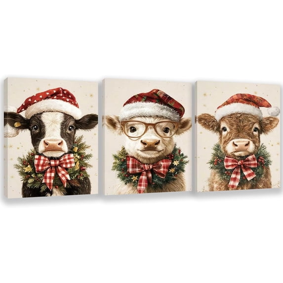3 PCS Highland Cow Canvas Wall Art Cute Playful Cow Painting Poster Christmas Wall Decor Prints Christmas Hat Bow Gentleman Cow Picture for Living Room Bedroom Bathroom Home Decoration