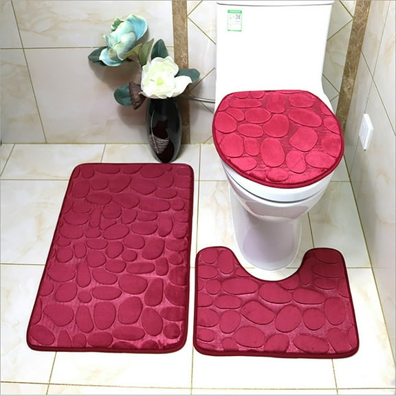 3 PCS Home Stone Embossed Solid Color Memory Foam Soft Bathroom Rug Set Non-Slip With Rubber Backing(15"×16.5" 15.7"×19.7" 19.7"×31.9",Wine)