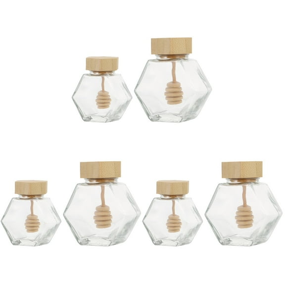 3 PCS Honey Container Hexagon Glass Bottle Wooden Lid Airtight Jar