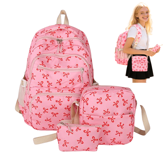 3 PCS Hot Pink Cute Bow Backpack, Backpack for Hers, School bag for Primary Elementary Teenage, Middle School Students Bookbag