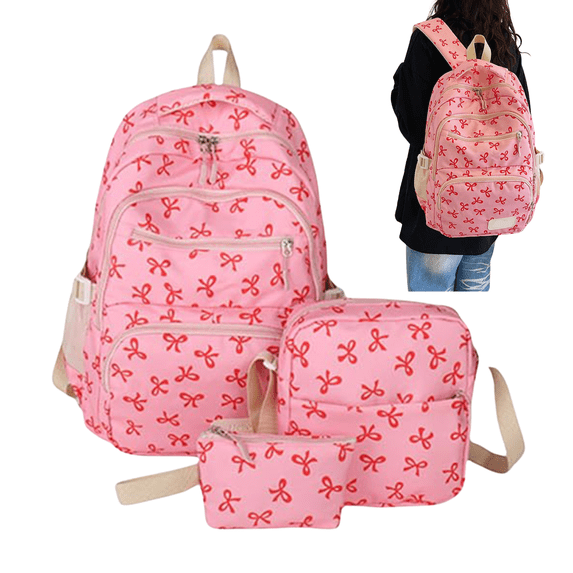 3 PCS Hot Pink Cute Bow Backpack, Backpack for Hers, School bag for Primary Elementary Teenage, Middle School Students Bookbag