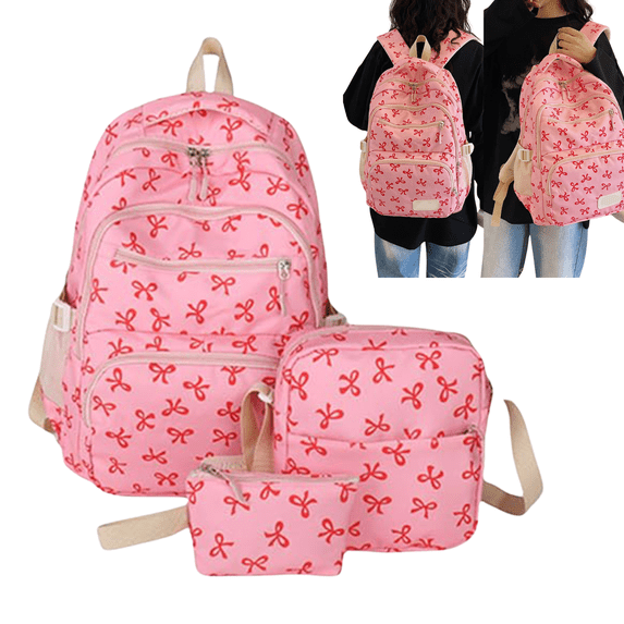 3 PCS Hot Pink Women 3 Piece Bow Print Backpack Set Water Resistant Casual Daypack with Crossbody Bag and Mini Coin Pouch Lightweight Travel Work Backpack