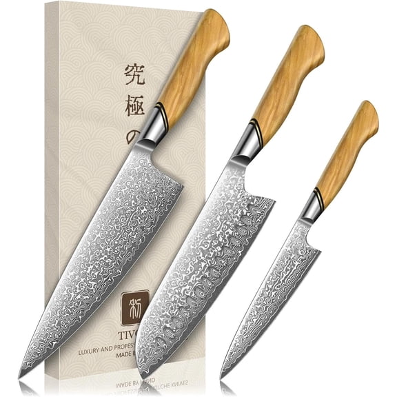 3 PCS Japanese Chef Knife Set VG-10 Damascus Santoku Paring Knife with Olive Wood Handle Ideal Gift