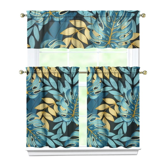 3 PCS Jungle Leaves Kitchen Curtains - Aloha Tropical Plant Valance & Semi-Sheer Window Panels