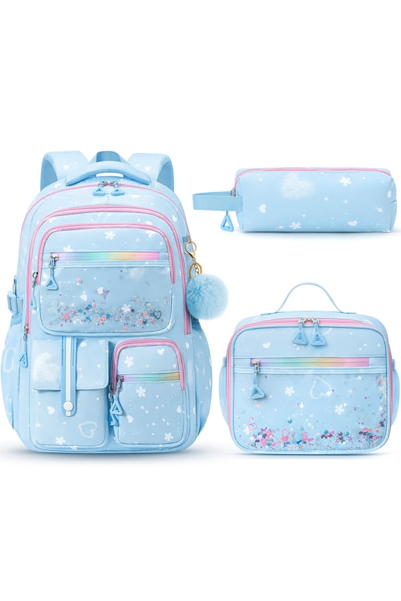 3 PCS Kids School Backpack Set with Lunch Box & Pencil Case Set, Cute Travel Bookbag School Bag for Student Toddler Kids Teens, Blue