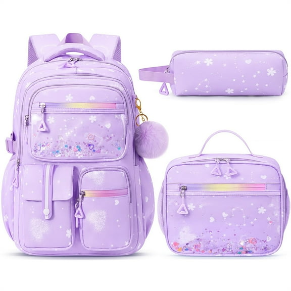 3 PCS Kids School Backpack Set with Lunch Box & Pencil Case Set, Cute Travel Bookbag School Bag for Student Toddler Kids Teens, Purple