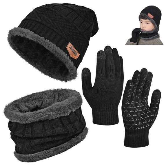3 PCS Kids Winter Beanie Scarf Gloves Set, Touch Screen Gloves Cold Weather Neck Warmer Skull Cap - Black