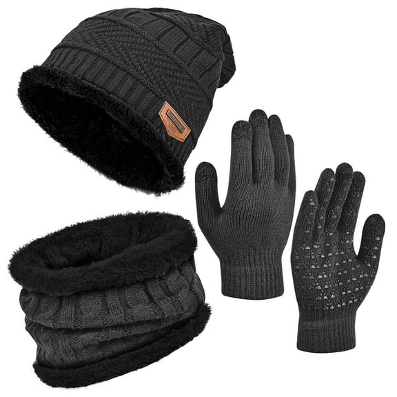 3 PCS Kids Winter Beanie Scarf Gloves Set, Touch Screen Gloves Cold Weather Neck Warmer Skull Cap - Gray