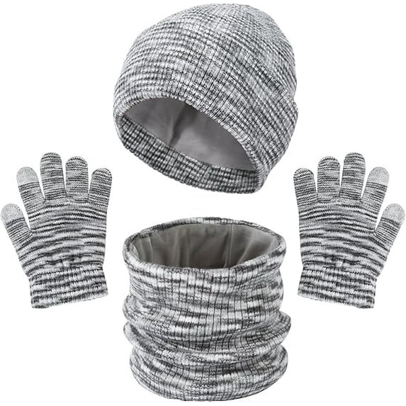 3 PCS Kids Winter Hat Scarf Gloves Set Warm Thermal Knitted Beanie Cap Snood Neck Warmer Touchscreen Mitten Soft Fleece Lining Elastic for Children Aged 5-12 Outdoor Sports