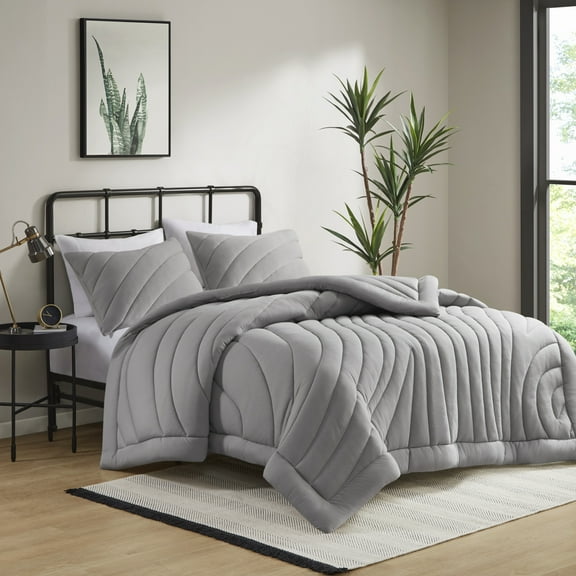 3 PCS King/Cal King Poly Jersey Puffy Comforter Set Gray