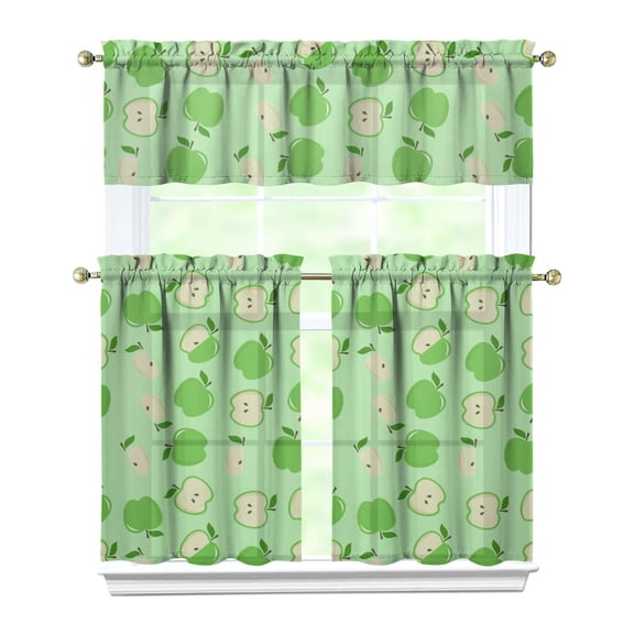 3 PCS Kitchen Curtains Set with Apple Print - Red Green Cute Cartoon Fruit Pattern Design, Semi-Sheer Farmhouse Tier Curtains & Valance for Small Windows, Rod Pocket Window Treatment Panels