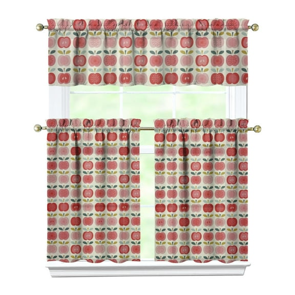 3 PCS Kitchen Curtains Set with Apple Print - Red Green Cute Cartoon Fruit Pattern Design, Semi-Sheer Farmhouse Tier Curtains & Valance for Small Windows, Rod Pocket Window Treatment Panels