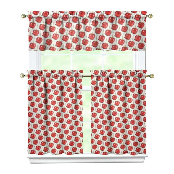 3 PCS Kitchen Curtains Set with Apple Print - Red Green Cute Cartoon Fruit Pattern Design, Semi-Sheer Farmhouse Tier Curtains & Valance for Small Windows, Rod Pocket Window Treatment Panels