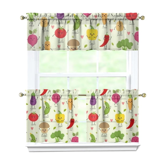 3 PCS Kitchen Curtains Set with Chili Peppers Print - Red Spicy Vegetable Pattern, Cute Cartoon Design, 54x18 Inch Valance & 2 Tier 27.5x24 Inch Rod Pocket Curtains