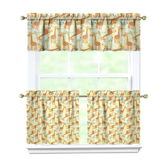 3 PCS Kitchen Curtains Set with Giraffe Print - African Grassland Wild Animal Design, Semi-Sheer Farmhouse Tier Curtains & Valance (54x18 + 2x27.5x24 Inch), Rod Pocket Rustic Brown Window Treatment