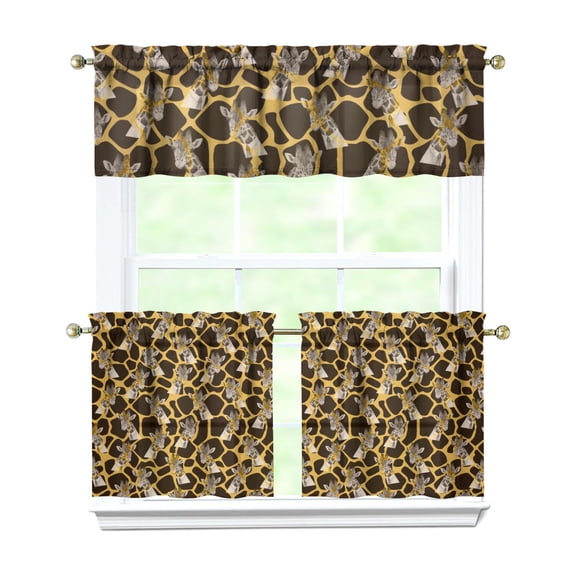 3 PCS Kitchen Curtains Set with Giraffe Print - African Grassland Wild Animal Design, Semi-Sheer Farmhouse Tier Curtains & Valance (54x18 + 2x27.5x24 Inch), Rod Pocket Rustic Brown Window Treatment