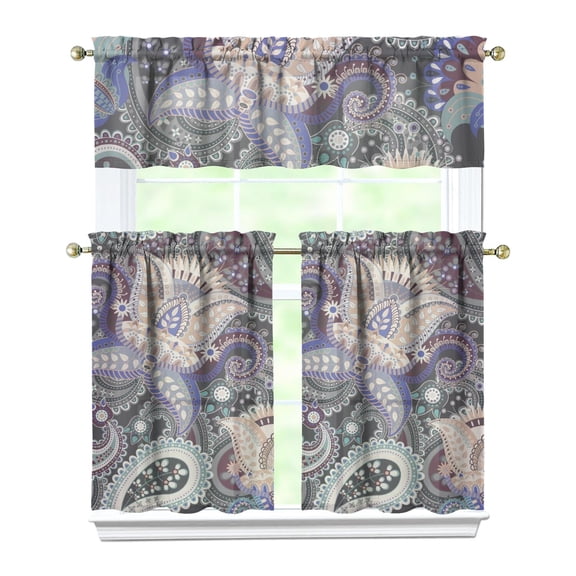 3 PCS Kitchen Curtains Set - Paisley Boho Vintage Tier Curtains with Valance, Semi-Sheer Rod Pocket Window Panels for Farmhouse, 54x18 + 2x27.5x36 Inch