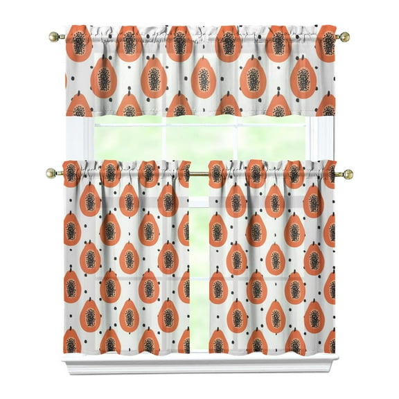3 PCS Kitchen Curtains Set - Papaya Tropical Fruit Print Tier Curtains with Valance, 54x18 + 27.5x36 Inch, Rod Pocket Semi-Sheer Farmhouse Window Treatment, Cute Kawaii Cartoon Decor for Kitchen