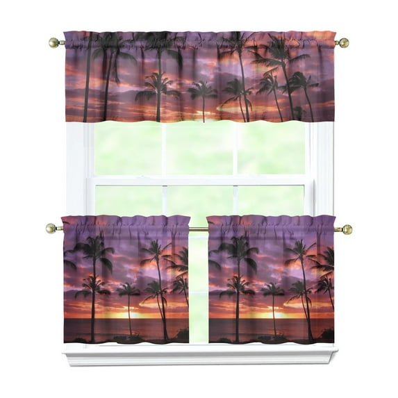 3 PCS Kitchen Curtains Set - Tropical Palm Trees Design, Semi-Sheer White Tier & Valance (54x18 + 2x27.5x24 Inch), Rod Pocket Farmhouse Window Panels for Kitchen/Bathroom
