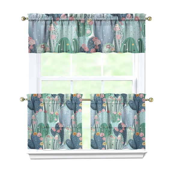 3 PCS Kitchen Curtains Set with Valance - Cactus & Succulent Print, Semi-Sheer Rod Pocket Tier Curtains (54x18 + 27.5x24 Inch) - Boho Desert Style Window Treatment for Farmhouse