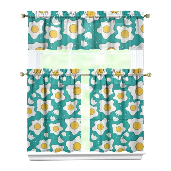 3 PCS Kitchen Curtains Set with Valance - Fried Egg & Farmhouse Style Semi-Sheer Tier Curtains for Windows, 54x18 & 27.5x36 Inch, Rod Pocket Breakfast & Cooking Theme Decor