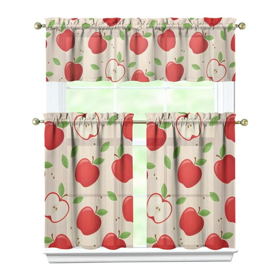 3 PCS Kitchen Curtains Set with Valance - Red Green Apple Fruit Cartoon Cute Kawaii Pattern Print Design, Farmhouse Tier Window Curtains (54x18" + 2x27.5x36") Rod Pocket Short Curtains