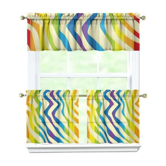 3 PCS Kitchen Curtains Set with Valance - Zebra Print Modern Semi-Sheer Tier & Caf Curtains, 54x18" + 2x27.5x24" Rod Pocket Window Panels, Black & White Stripes Abstract Gradient Pattern