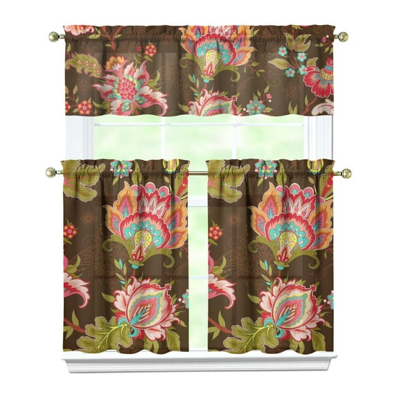 3 PCS Kitchen Curtains Set - Vintage Paisley Floral Pattern, Semi-Sheer Tier Curtains with Valance (54x18 + 27.5x36x2), Boho Rod Pocket Window Treatment Panels
