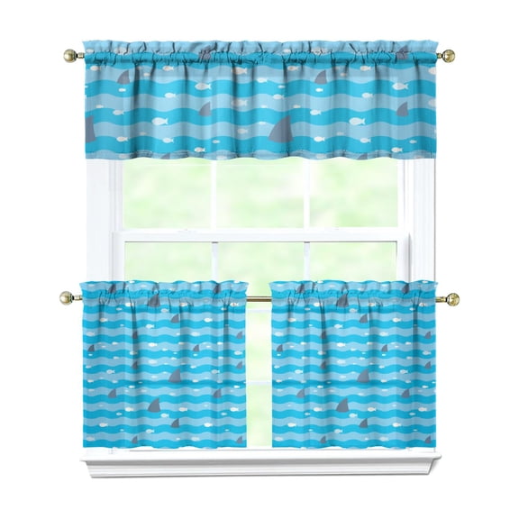 3 PCS Kitchen Curtains Set with Shark & Whale Nautical Print, Semi-Sheer Tier & Valance, 54x18 & 27.5x24 Inch, Rod Pocket Farmhouse Window Panels