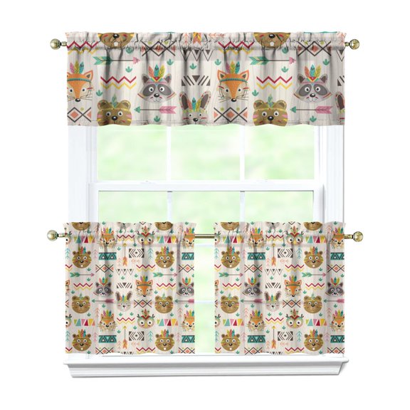 3 PCS Kitchen Curtains Set with Valance - Snowy Owl & Big Eyes Owl Pattern, Semi-Sheer Rod Pocket Tier Curtains for Farmhouse (54x18" + 2x27.5x24")