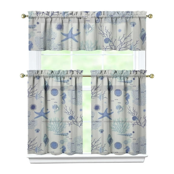 3 PCS Kitchen Curtains Set with Valance - Starfish & Seashells Beach Theme, Semi-Sheer Ocean Inspired Tier Curtains for Farmhouse Windows