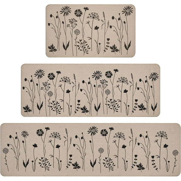 3 PCS Kitchen Rugs Set, Flowers Non Slip Kitchen Mats for Floor, Waterproof Kitchen Rug for Laundry Room, Kithcen, 17"x47"+17"x30"+17"x59"