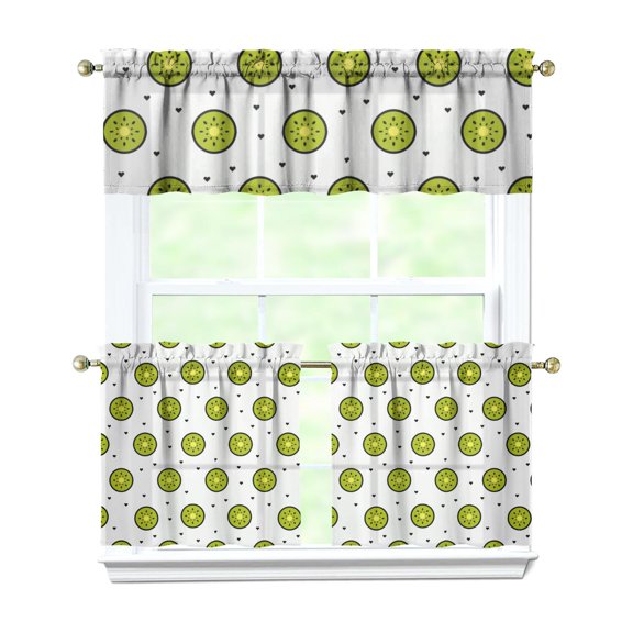 3 PCS Kiwi Print Kitchen Curtains Set - Green Tropical Fruit Pattern Semi-Sheer Tier & Valance, Farmhouse Rod Pocket Window Treatment Panels for Small Windows (54x18"+2x27.5x24")