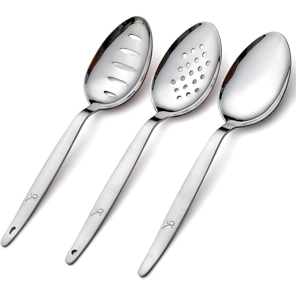 3-PCS Kunz Spoon | 9 Inch 18/10 Stainless Steel Serving Spoons Set Include Serving Spoon, Slotted and Perforated Spoons, Perfect for Basting, Plating, Quenelle, Sauces (Regular Set)