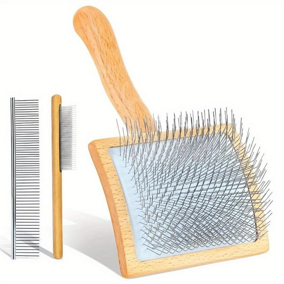3 PCS Large Dog Brush for Medium or Long Haired Dogs, Long Pin Slicker Brush for Removes Loose Hair, Tangles and Knots, Best Grooming Brush for Small Animals, Free Pet Comb, Wood