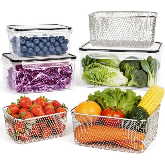 3 PCS Large Fruit storage Containers for Fridge Food Storage Containers | with Stainless Steel Colander Leakproof Dishwasher Microwave safe Produce Containers Keep Fruits Vegetable Berry Fresh longer